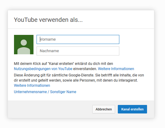 Erzeugung vom Youtube Kanal